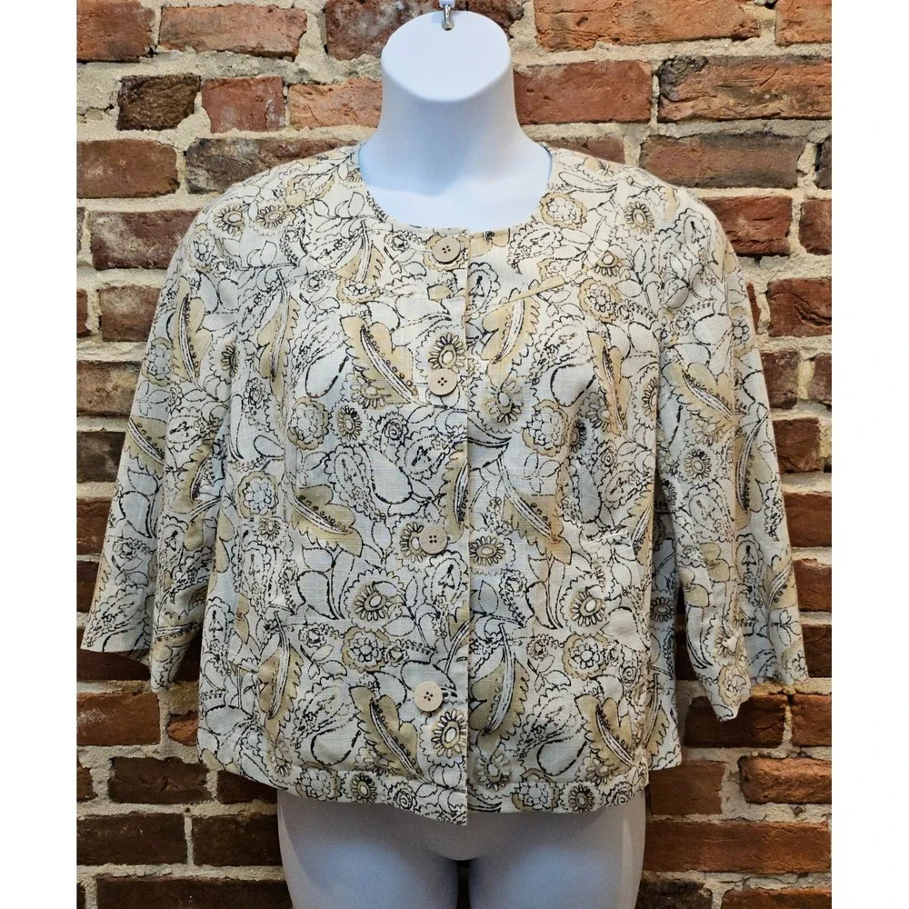J Jill Blazer Jacket Womens L Petite Floral‎ Linen Blend 3/4 Sleeve Button Front